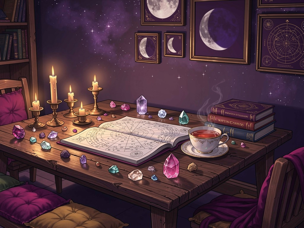 Beginner astrology birth chart on a cozy table with candles and crystals