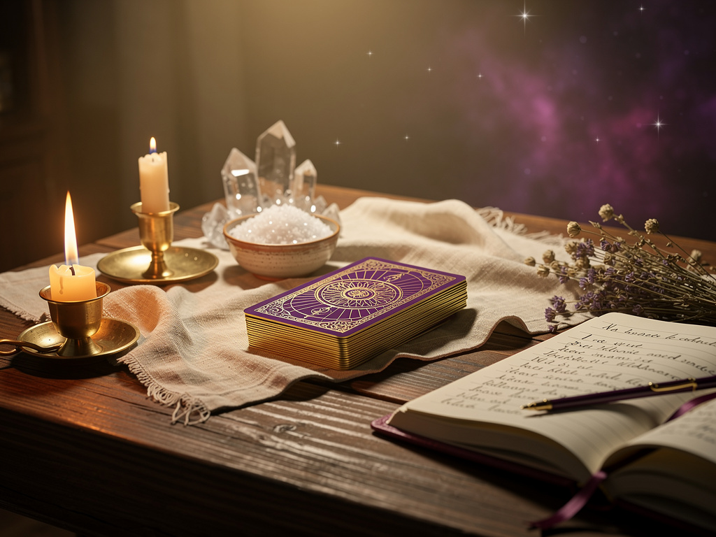 A new tarot deck on a cozy table with cleansing tools like crystals, herbs, and a candle.