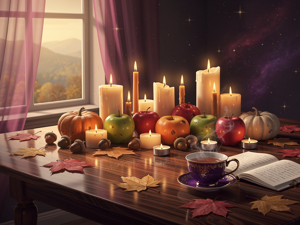 Cozy Mabon altar with autumn candles, apples, pumpkins, and fall leaves