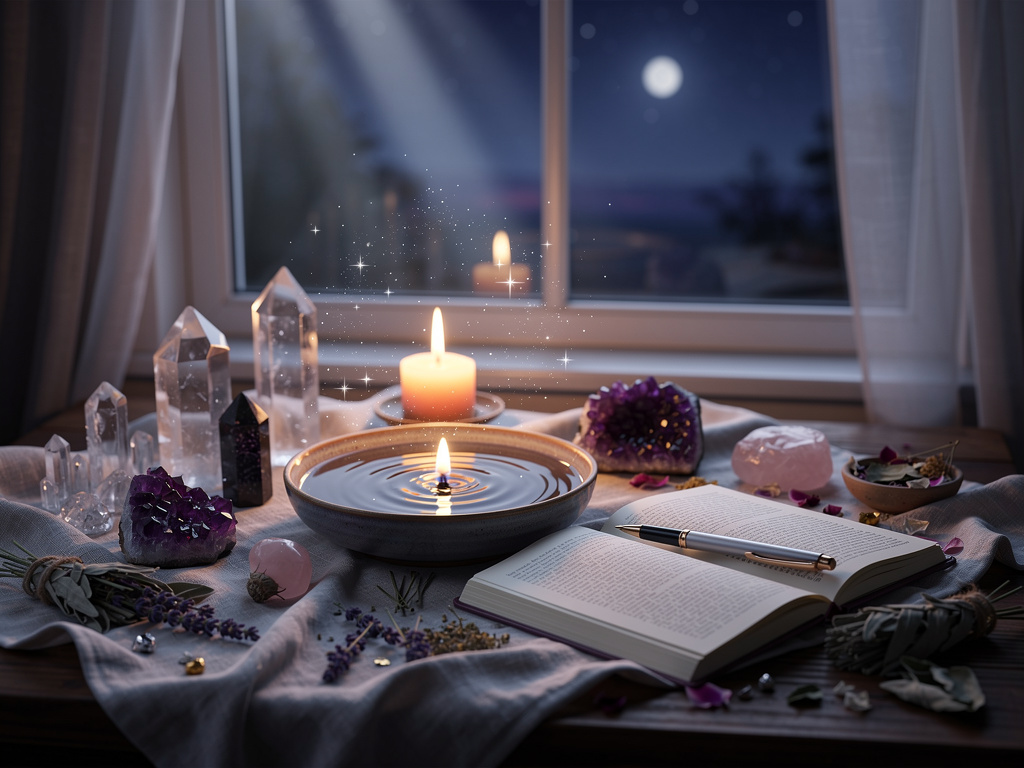 A cozy beginner moon ritual setup with candle, journal, crystals, and moonlight.