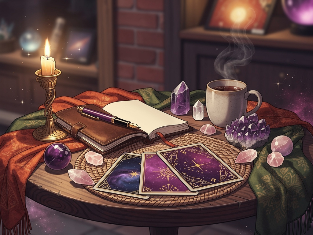 Tarot deck, journal, and tea on a cozy reading table