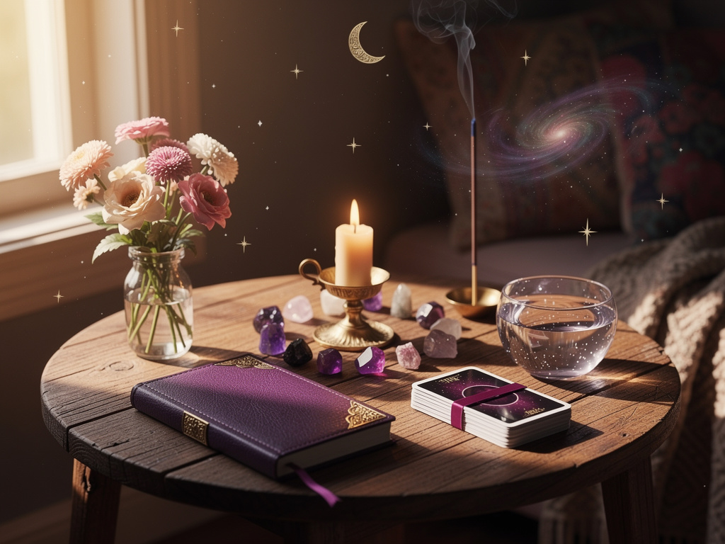 A simple home altar with candles, crystals, flowers, and a tarot deck