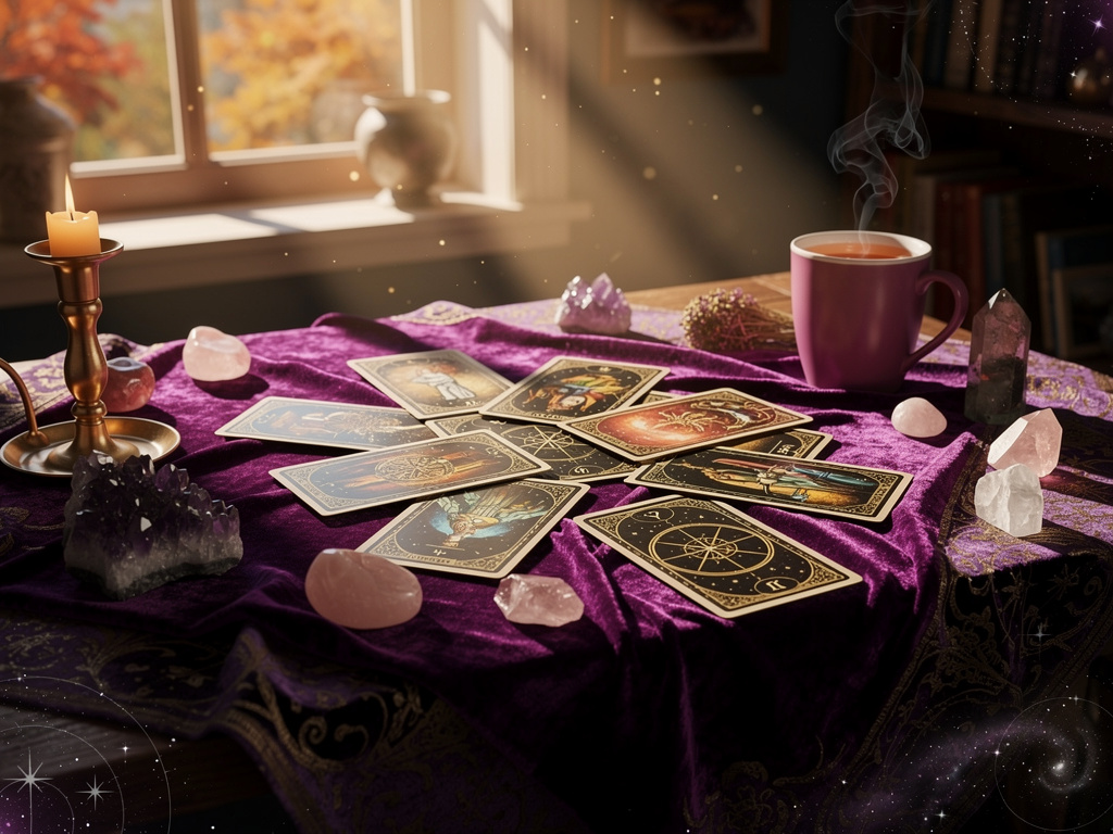 A cozy tarot reading table with several reversed tarot cards laid out in warm candlelight.