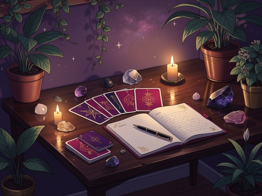 A cozy tarot reading setup with cards, a journal, candlelight, and crystals