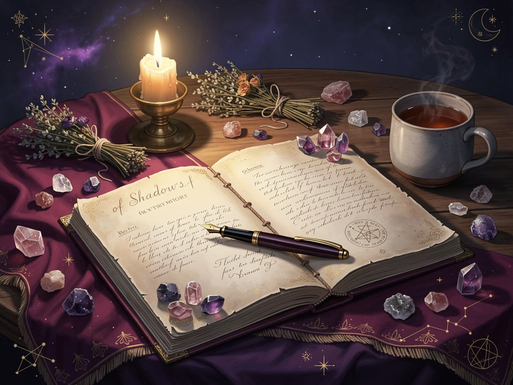 A cozy beginner Book of Shadows journal setup with candles, herbs, and crystals