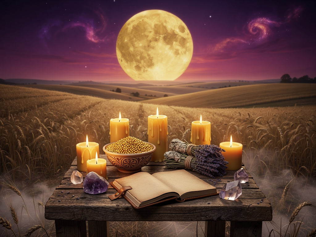 September Harvest Moon altar with candles, crystals, and harvest offerings under a golden full moon