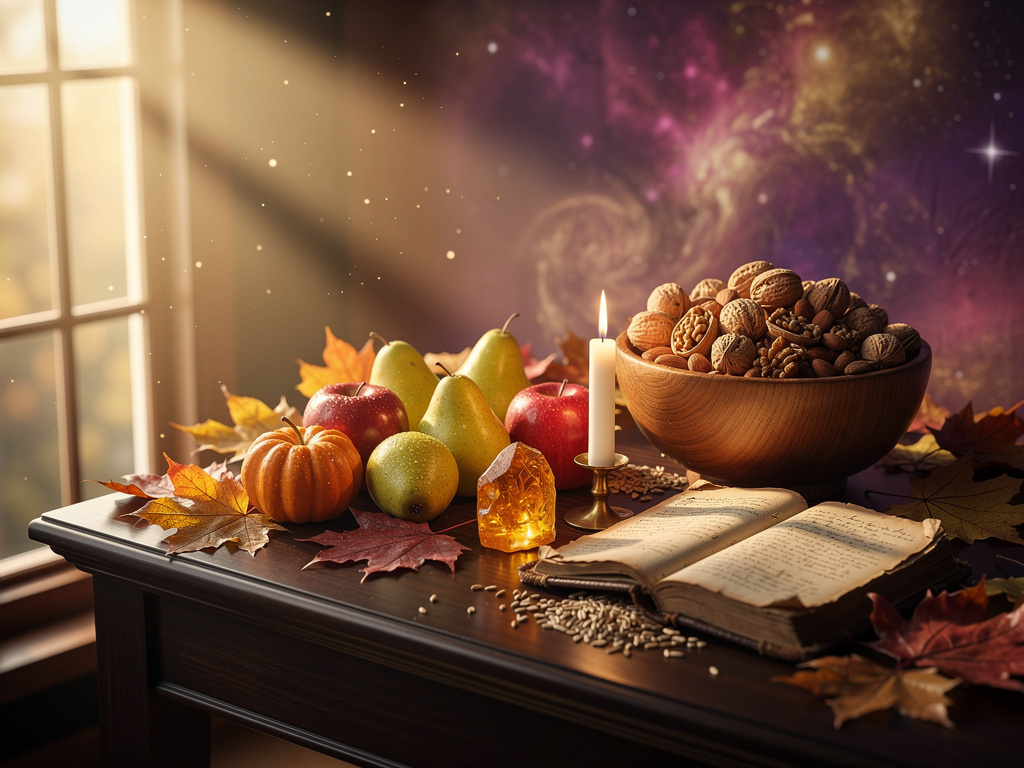 Cozy Mabon altar with autumn harvest items and candles