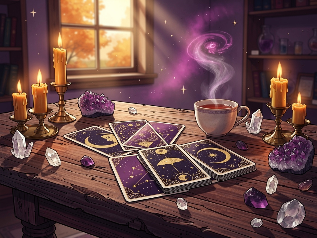 A cozy table with tarot decks, candles, and crystals in a warm metaphysical shop setting
