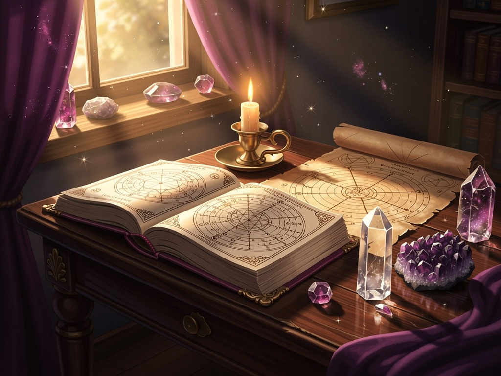 Open birth chart and astrology book with candlelight in a cozy metaphysical setting