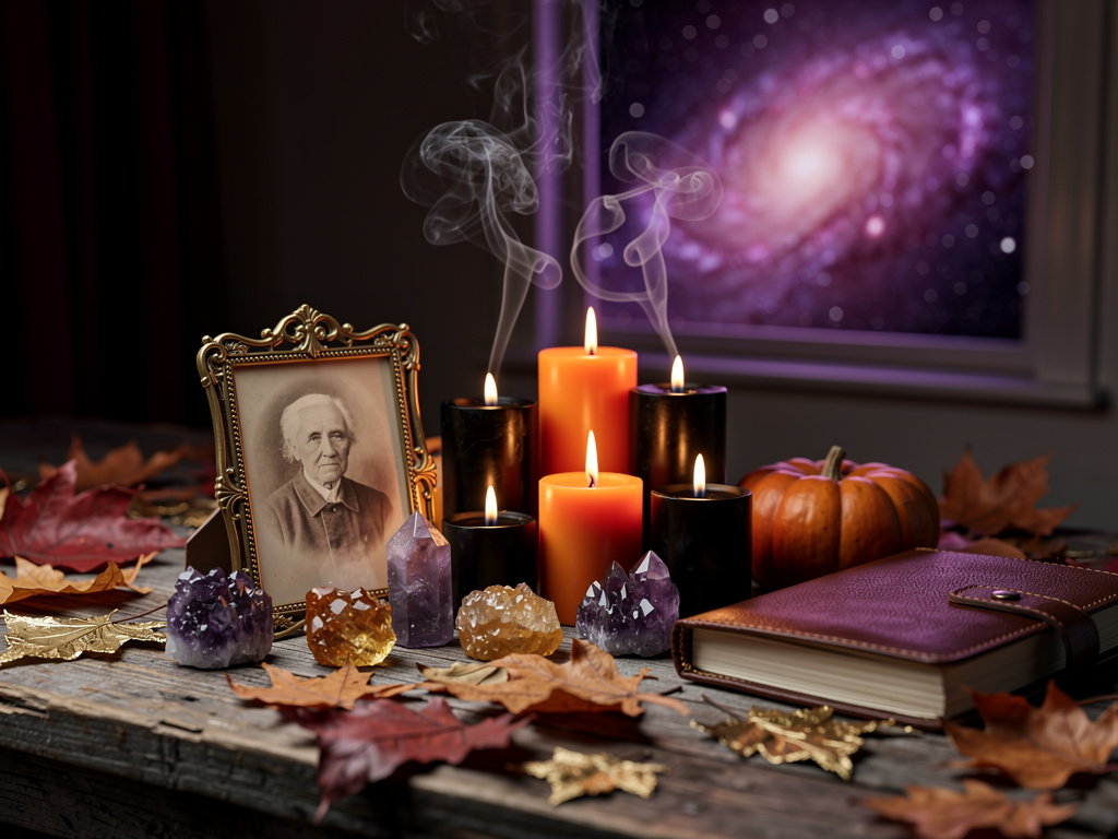 A cozy Samhain altar with candles, autumn leaves, ancestor photos, and ritual tools.