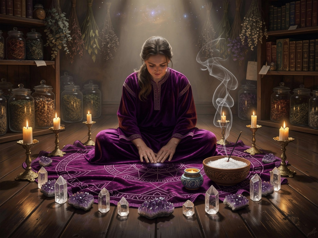 Beginner casting a simple protection circle with candles, crystals, and incense