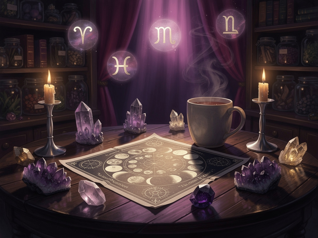 Moon sign astrology setup with chart, candles, and crystals
